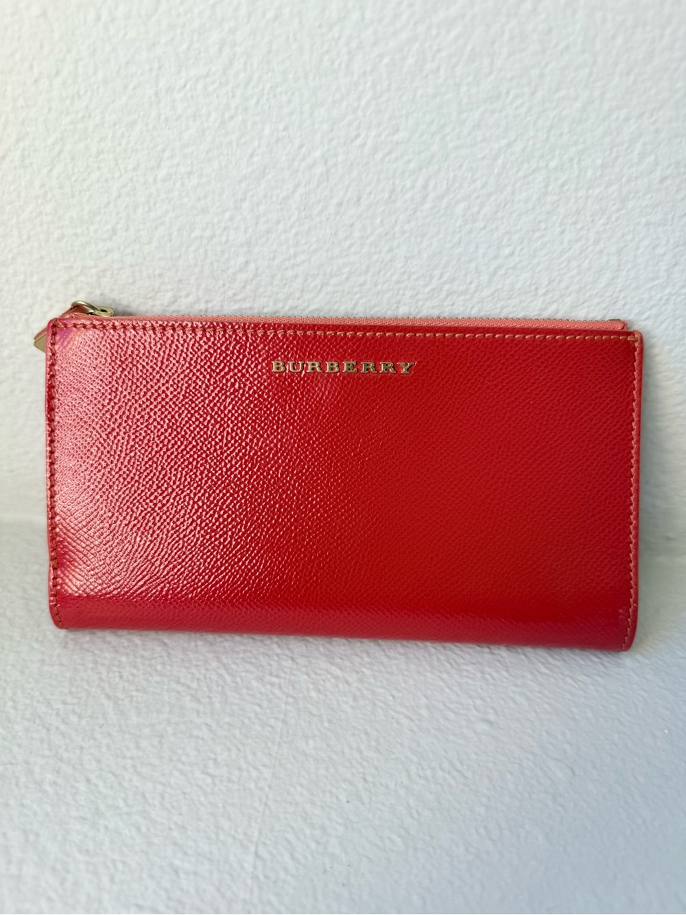 Authentic Burberry Coral Pink Leather Zip-Around Wallet with Gold Logo